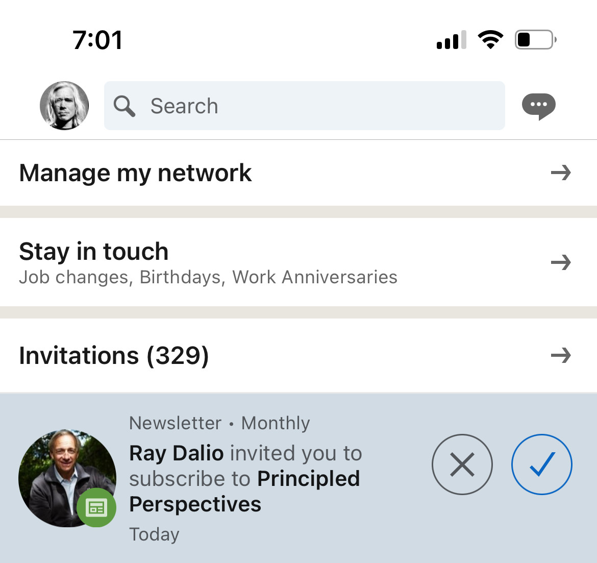 A cropped iOS screenshot showing the LinkedIn app and the top of the Toot author’s feed, at the top of which is (under the header "Invitations (329)") the following prompt:
"Newsletter • Monthly
Ray Dalio invited you to
subscribe to Principled
Perspectives"